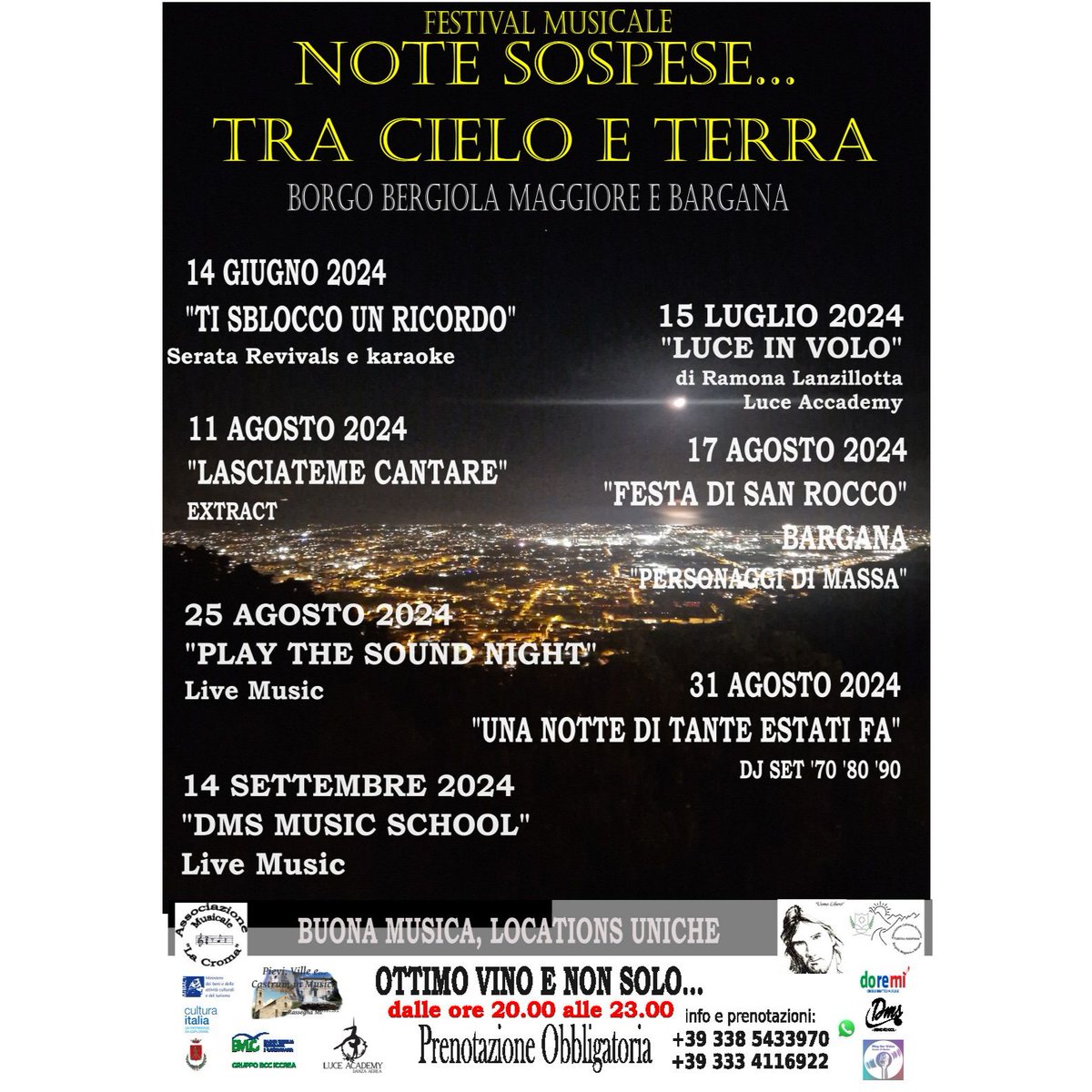 AssMusLaCroma's tweet photo. #festivalmusicale 
"NOTE SOSPESE TRA CIELO E TERRA" 
📍BORGO BERGIOLA MAGGIORE E BARGANA #Massa 
#concerti 
⏰️Inizio aperitivo ore 19.00
🎵eventi ore 2130
⛔️ stop at 23.00

☎️info e prenotazioni:
+39 338 5433970 (whattapp)
+39 3334116922
📝Prenotazione obbligatoria
#SAVETHEDATE https://t.co/4WSZgDP0bW