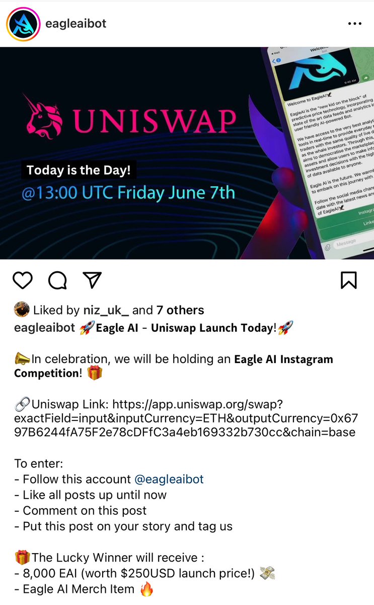 🚀 𝗘𝗮𝗴𝗹𝗲 𝗔𝗜 𝗜𝗻𝘀𝘁𝗮𝗴𝗿𝗮𝗺 𝗖𝗼𝗺𝗽𝗲𝘁𝗶𝘁𝗶𝗼𝗻 - 𝗨𝗻𝗶𝘀𝘄𝗮𝗽 𝗟𝗮𝘂𝗻𝗰𝗵 𝗗𝗮𝘆 🎁

Just under 3 hours to go until the <a href="/Uniswap/">Uniswap Labs 🦄</a> launch! 🚀🦅

In celebration, we are holding and Eagle AI Instagram competition!

👀Win some more $EAI and merch items!

🔗