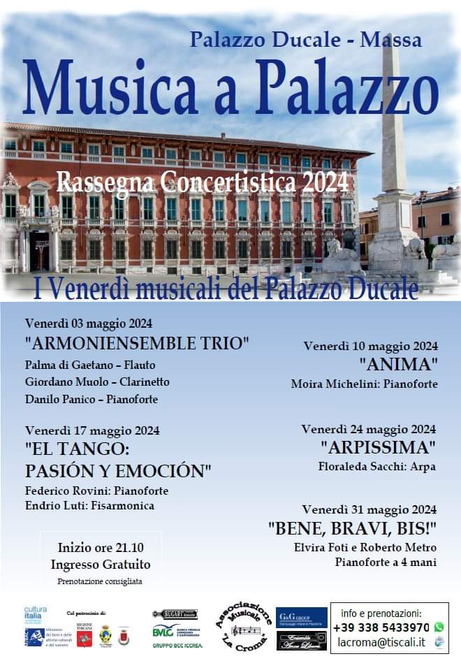 AssMusLaCroma's tweet photo. #MusicaaPalazzo #MaP
#2024 #Rassegna #Concertistica 
I Venerdì musicali del Palazzo Ducale #Massa 
#concerti #live
#SOLDOUT
#SAVETHEDATE #SIGNIT
#pianoforte #arpa #fisarmonica #violoncello #clarinetto #trio #duo #solista #staytuned
#Followus #instagram  #instadaily  #igersversila https://t.co/cbcGngDPlz