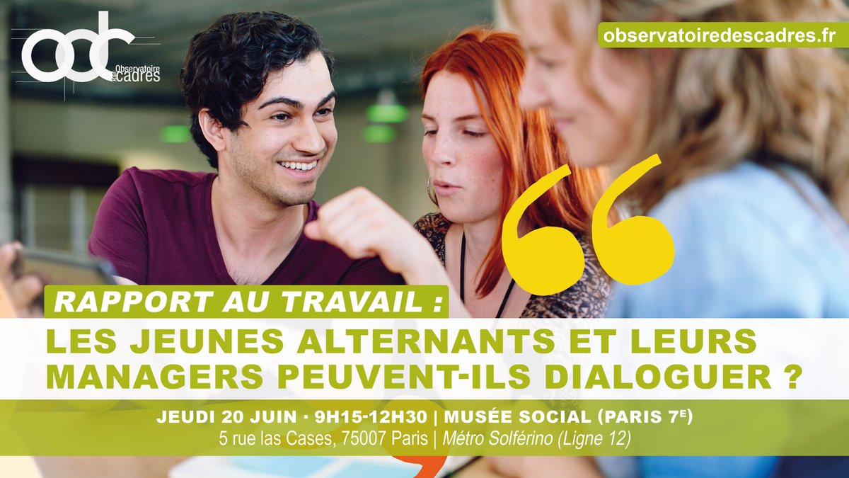 💬 #RapportAuTravail : Les jeunes alternants et leurs managers peuvent-ils dialoguer ?

✍️L'OdC organise son prochain séminaire avec les étudiants du Master #RH de l'Université Gustave Eiffel, le jeudi 20 juin (9h15) au Musée social de Paris : bit.ly/45ga51T