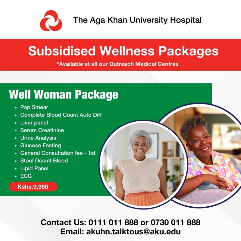 AKUHNairobi's tweet photo. Don't wait for a health scare to prioritize your health! Our outreach centres are offering you subsidised wellness packages, making it easier for you to take charge of your health. To book an appointment, call 0111 011 888 or email akuhn.talktous@aku.edu

#akuh #Wellness #Kenya