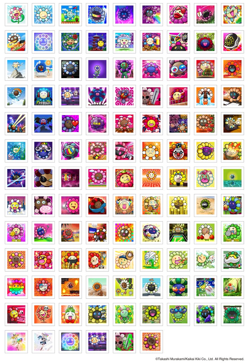 MFTMKKUS's tweet image. Tomorrow, June 8 at 1:00 p.m. (GMT), we will begin offering a series of 114 art prints that incorporate the designs of "108 Flowers”, trading cards derived from the NFT project Murakami․Flowers, for sale.
At the same time, we will also be offering 108 prints of the artworks from…