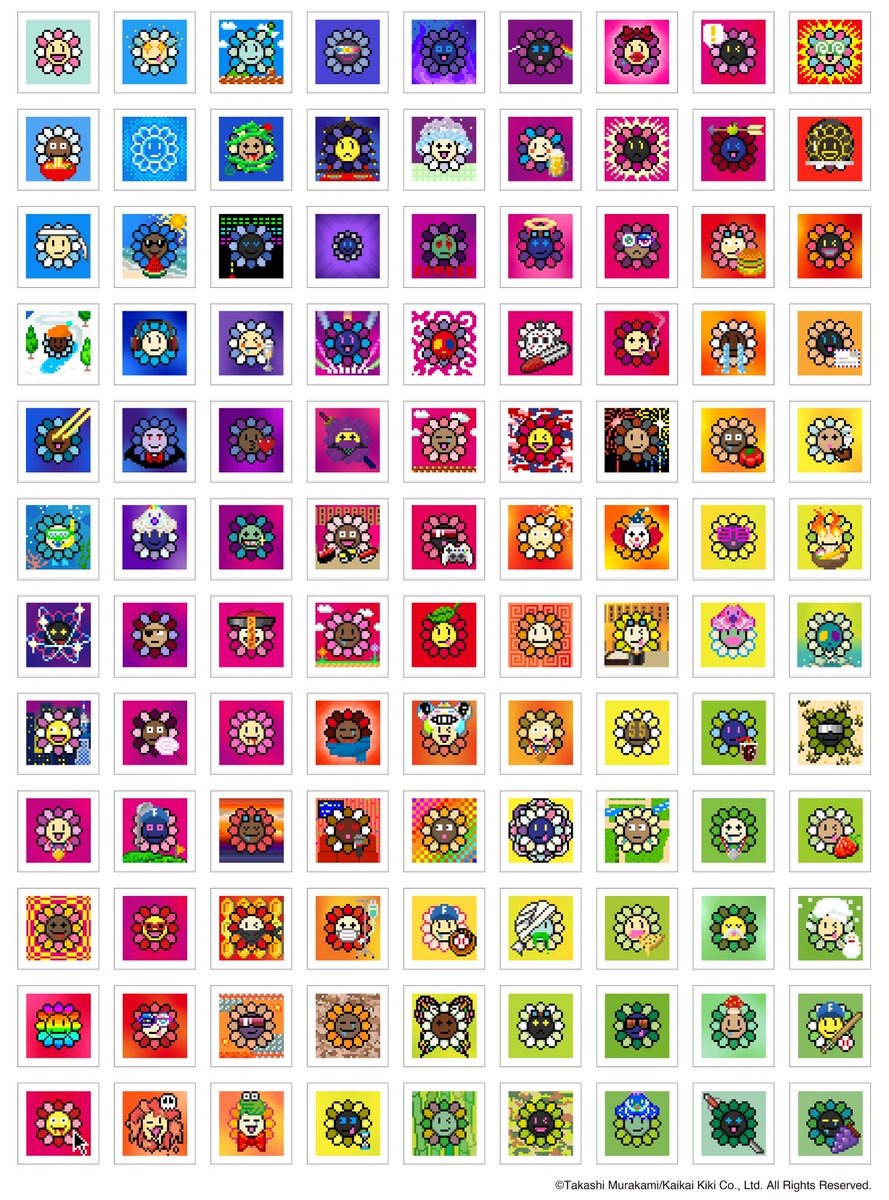Tomorrow, June 8 at 1:00 p.m. (GMT), we will begin offering a series of 114 art prints that incorporate the designs of "108 Flowers”, trading cards derived from the NFT project Murakami․Flowers, for sale.
At the same time, we will also be offering 108 prints of the artworks from
