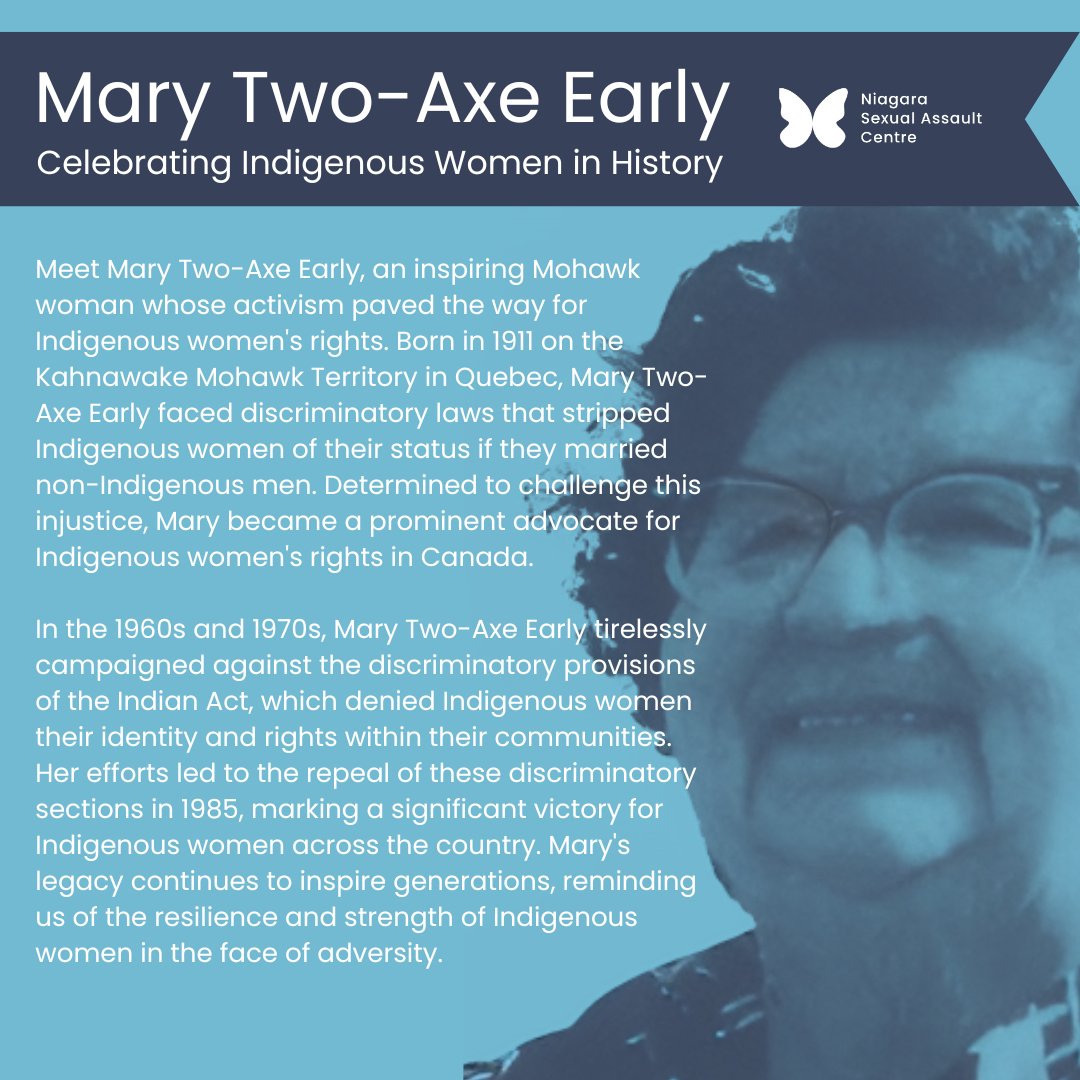 NIAGARA_SAC's tweet image. Meet Mary Two-Axe Early, a Mohawk woman who fought for Indigenous women's rights in Canada. Her activism led to changes in the Indian Act, restoring rights to many Indigenous women. #IndigenousHistoryMonth #MaryTwoAxeEarly #IndigenousRights