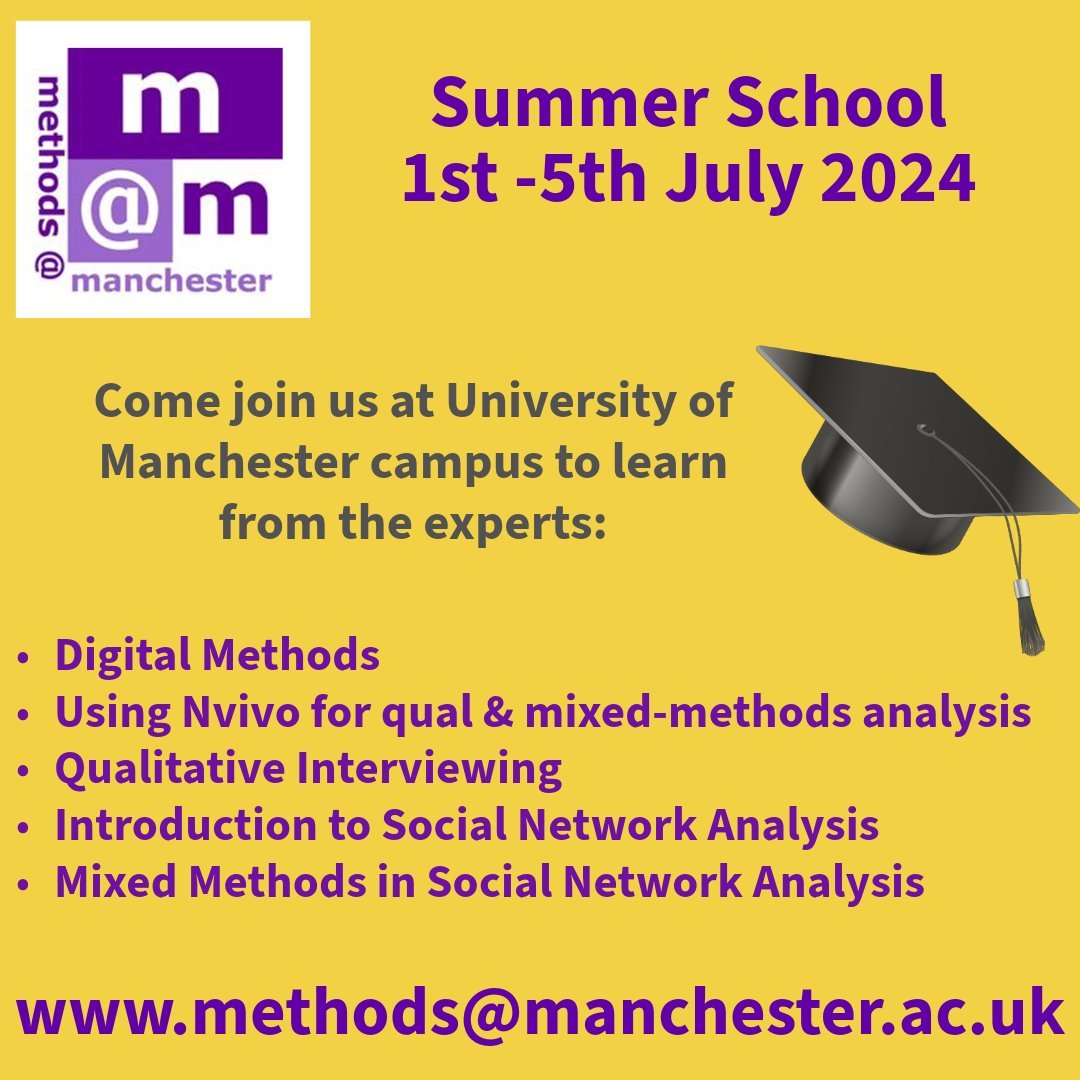 methodsMcr's tweet image. This week is the last opportunity to purchase a place for one of our in-person courses at our 2024 Summer School!  

Our courses focus on #SoftwareTraining, #qualitative and #quantitative analysis, #DataCollection techniques and more.  

Book here: methods.manchester.ac.uk/connect/events…