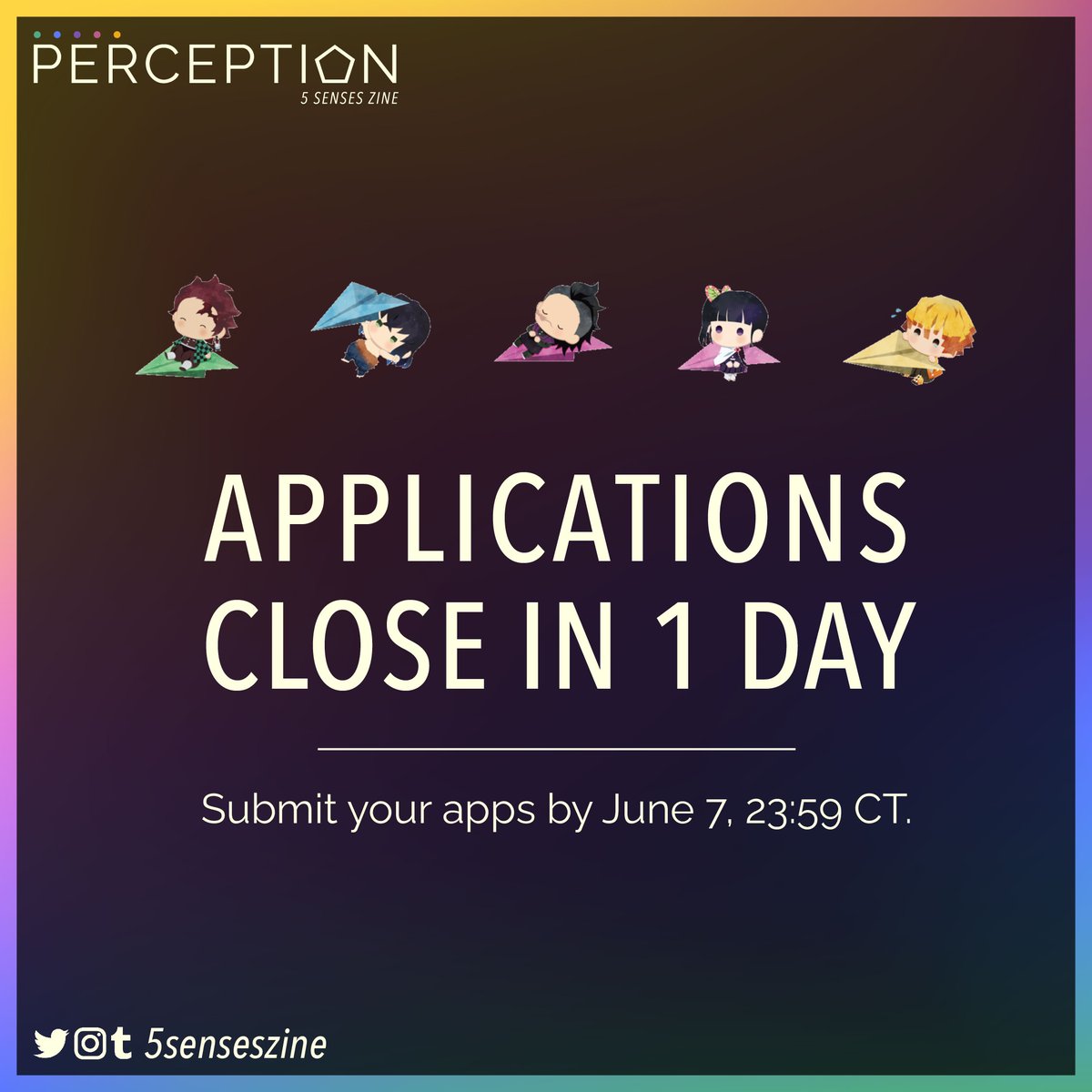 ⭐FINAL DAY FOR APPS⭐

There're only 24 hours left to submit your contributor applications to the 5 Senses zine!

🎨Page artists: forms.gle/kAnjEWerAFkBko…
📝Writers: forms.gle/WxAmJHxgPWyJ4M…
🛍️Merch artists: forms.gle/Ya2xjM5oEXK9R9…
