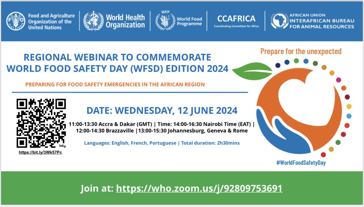 On #WorldFoodSafetyDay, AU-IBAR reaffirms its commitment to ensuring safe &amp; sustainable food systems across Africa. 

Join us in a Regional Webinar on June 12, 2024, as we participate in the "Preparing for Food Safety Emergencies in the African Region" campaign. #FoodSafety