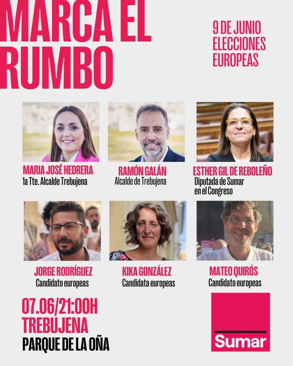 Hoy tenemos cierre de campaña en el corazón rojo de nuestra provincia: #Trebujena.

➕️ Nos vemos a la fresquita de las 21h en el Parque de la Oña con la candidatura gaditana de <a href="/sumar/">Sumar</a> para las #EleccionesEuropeas, <a href="/Ramongalan1/">Ramón Galán 🔻</a> y parte del equipo de Gobierno del <a href="/AytoTrebujena/">Ayuntamiento de Trebujena</a>