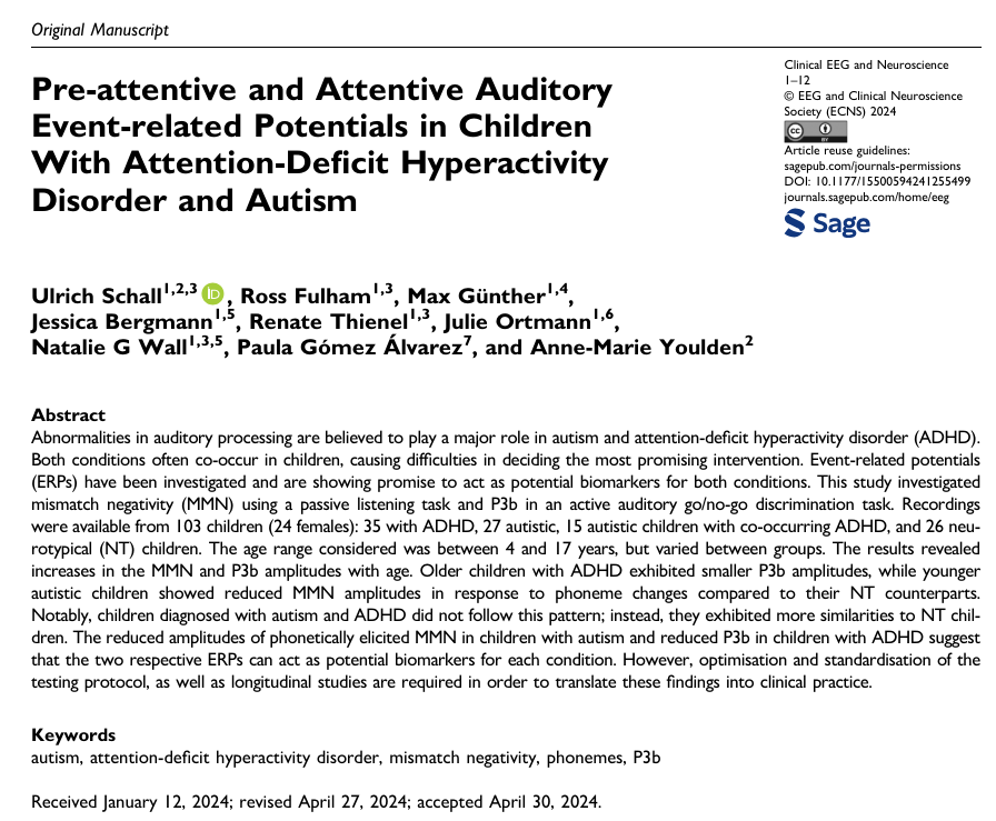nataliegwall's tweet photo. 🚨New article out exploring the use of ERPs (MMN &amp; P3b) as potential biomarkers for autism and adhd. It's open access in @EegClinical. I appreciated the opportunity to contribute to this work during my PhD. https://t.co/JaF5BScawc