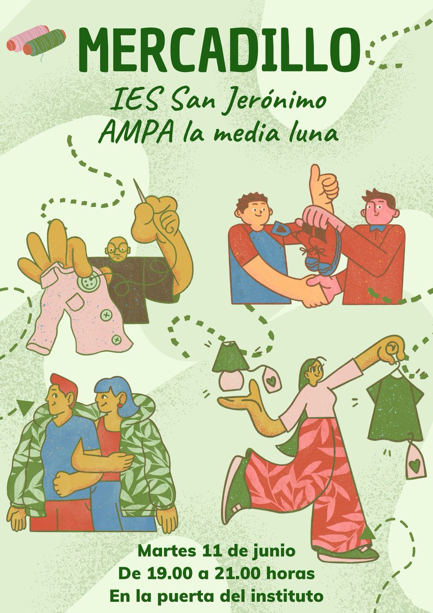 iessanjeronimo's tweet photo. En colaboración con el AMPA, el próximo martes 11 de junio abriremos el mercadillo al barrio, en la puerta del instituto de 19.00 a 21.00 horas. Os animamos a todos a pasaros a echar un vistazo.
Saludos y gracias por vuestra colaboración. https://t.co/JMY4Yk2RYj