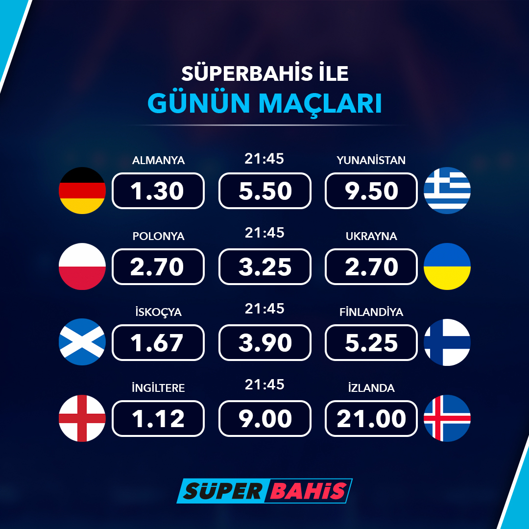 tr_superbahis's tweet photo. 🔹 SüperBahis’te günün maçları!

Almanya ⚔️ Yunanistan
Polonya ⚔️ Ukrayna
İskoçya ⚔️ Finlandiya
İngiltere ⚔️ İzlanda

📲 Güncel giriş için —> https://t.co/VfmVt9k5ak https://t.co/xzWupfyQ9x
