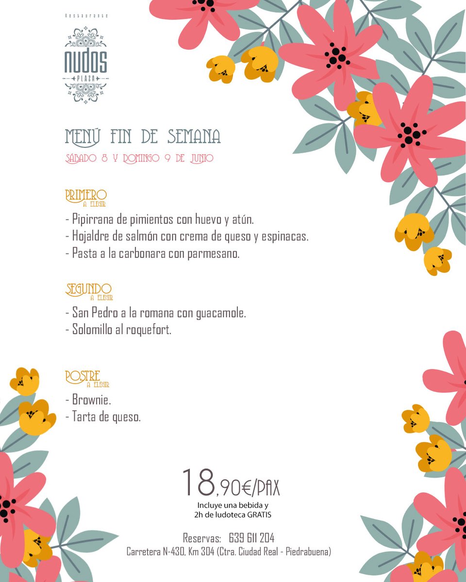🥂🍴 ¡El fin de semana se disfruta mejor en Nudos Plaza! Ven y prueba nuestro delicioso menú de fin de semana por 18,90€, que incluye una bebida y 2 horas de ludoteca GRATIS. ¡Perfecto para toda la familia! 👨‍👩‍👧‍👦
📞 Haz tu reserva llamando al 639611204 y no te lo pierdas.