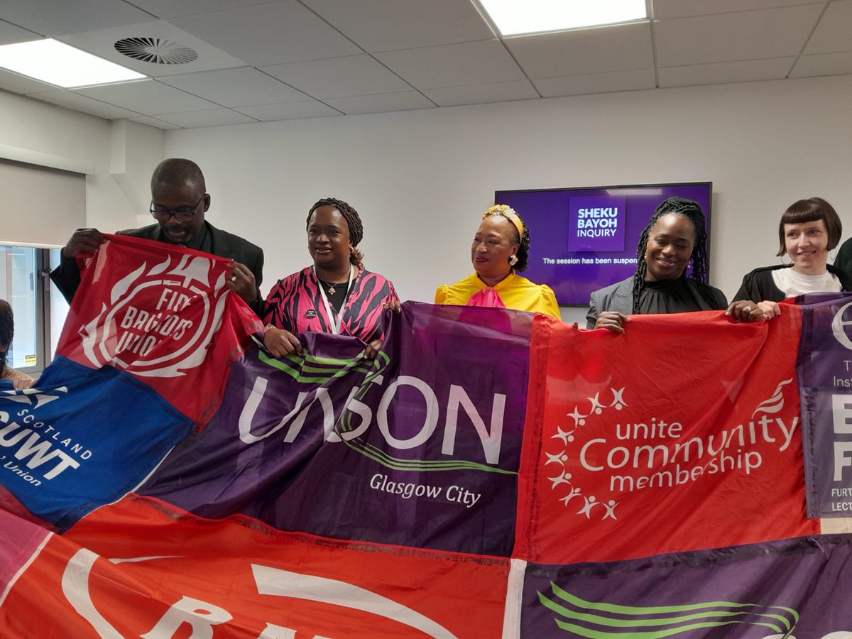 Gifting the union solidarity flag to the family of Sheku Bayoh. 6th June. <a href="/ScottishTUC/">STUC</a> <a href="/SUTRScotland/">Stand Up to Racism - Scotland</a> <a href="/unisonscot/">UNISON Scotland</a> <a href="/RMT_Scotland/">RMT Scotland</a> <a href="/PCS_Scotland/">PCS Scotland</a> <a href="/FBUScotland/">FBU Scotland</a> <a href="/EISUnion/">EIS</a> <a href="/UCUScotland/">UCU Scotland</a> <a href="/UniteScotland/">Unite Scotland</a>  <a href="/NASUWT_Scotland/">NASUWT Scotland</a>
