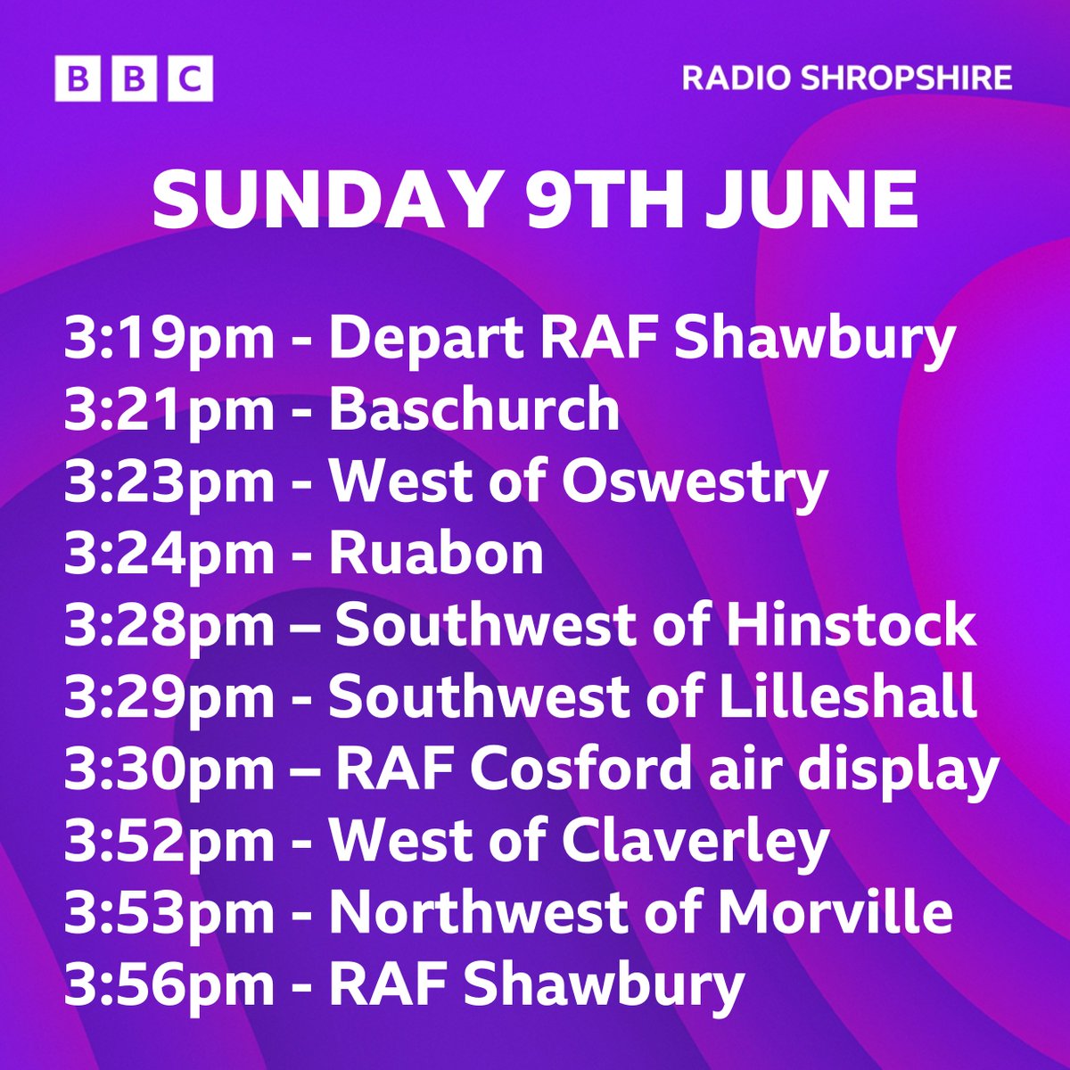 ✈ The @rafredarrows will be flying high above Shropshire this weekend!

👀 Here's when and where you can see them!

#RedArrows #CosfordAirshow #Cosford24 #TakeFlight @RAF_Cosford @cosfordairshow