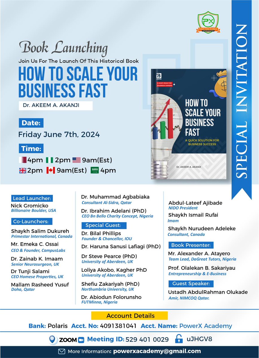 PowerXAcademy's tweet photo. Join Us Today @ 2 PM NGR | 4 PM QTR 
Join the reception with the link below!
https://t.co/5tQiG89q4p

We are excited to invite you to the book launch of "How to Scale Your Business Fast: A Quick Solution for Business Success" by our founder, Dr. AbdulHakeem Akanji.

#BookLaunch https://t.co/jfQyvOMaIS
