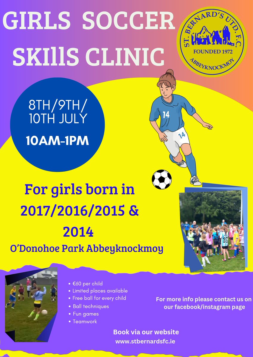 stbernards_utd's tweet photo. We are delighted to announce that we will be running a 3 day soccer skills clinic in July.
This camp is open to girls born in 2017, 2016, 2015 &amp; 2014 and will run from 10 am to 1 pm on Monday 8th Tuesday 9th &amp; Wednesday 10th of July. https://t.co/w4sXUuKkiH