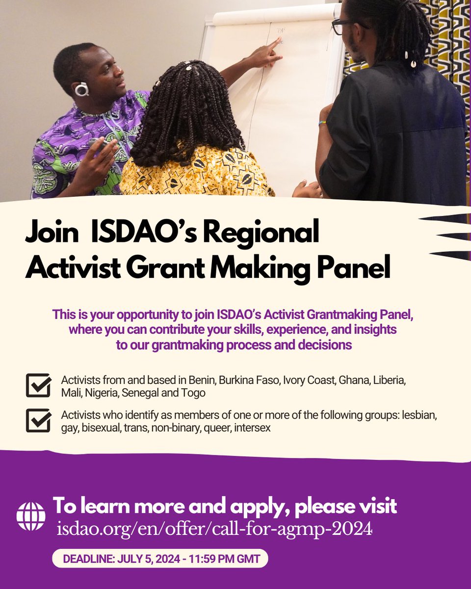 ISDAOSankofa's tweet photo. ๐ข We are recruiting activists from the LGBTQI movement in our 9 focal countries to join our Activist Grant Making Panel (AGMP)
๐๐พ Read more and apply: https://t.co/mTQ9r4IKGy
#WestAfrica #Grantmaking #philanthropy #participatorygrantmaking https://t.co/NEmASuB9m0