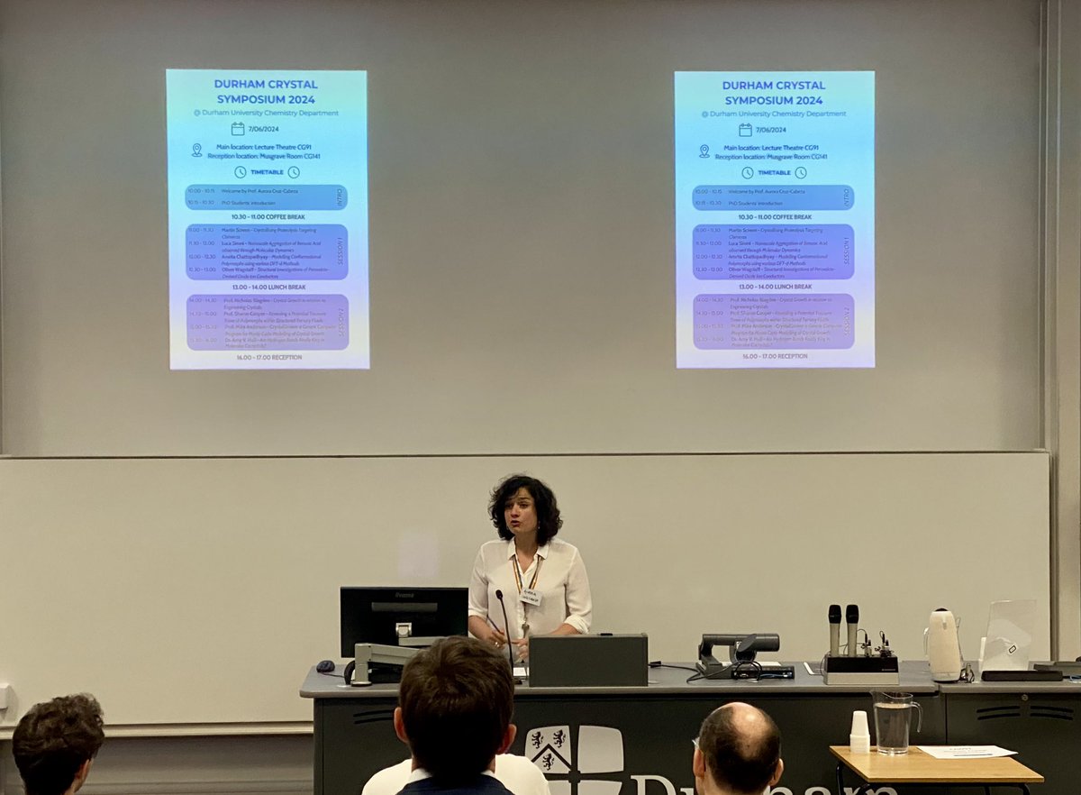Prof. <a href="/AJCruzCabeza/">Aurora</a> introducing Durham’s 2nd Crystal Symposium. We’re in for a great day of talks from PhD students and staff. Thank you to <a href="/DuMoC2_DU/">DuMoC² Research</a> for organising!