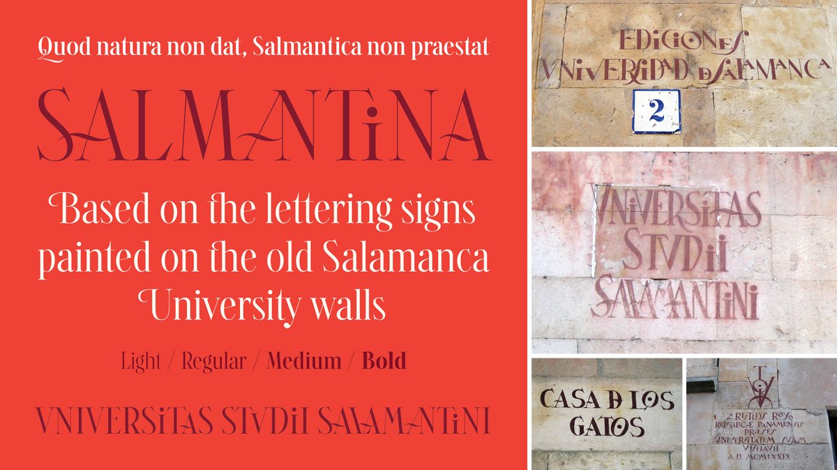 usal's tweet photo. ✍️ ¿Conoces la tipografía que utiliza la Universidad de Salamanca en su marca y su logotipo? 

Se trata de la tipografía "Universitas Studii Salamantini", creada a mediados de los 90 por @andreubalius. 

Revisada recientemente, ha pasado a llamarse "Salmantina" y acaba de ser premiada en los @europeandesign AWARDS 2024. ¡Enhorabuena! 👏