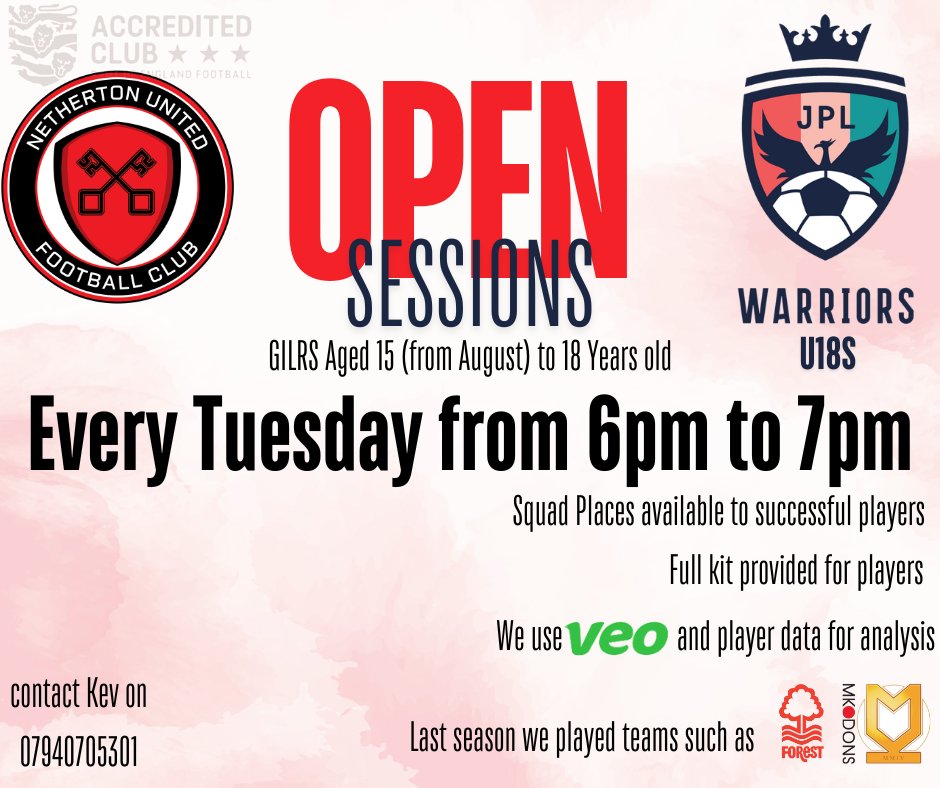 🌟 Join Netherton United Girls for JPL Warriors U18s! 🌟

Open sessions every Tuesday, 6-7 PM. Contact Kev for details.

#GirlsFootball #JoinTheTeam #JPLWarriors