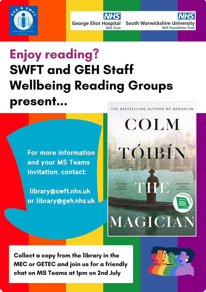 We're looking forward to a magical *joint* staff wellbeing reading group to mark Pride Month!
You can borrow a copy of Colm Toibin's The Magician from either library right now.
If you can, join us on Teams, 2nd July 1-1:30pm to share your thoughts. All staff/students welcome.