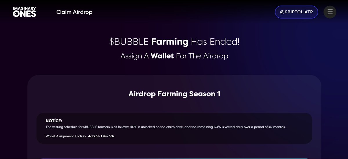 KriptoliaTR's tweet photo. 🪂 $BUBBLE Airdrop Claim! 🪂

Bedavadan bir airdrop daha kazandık! Bubble farm yapanlar için #airdrop claim geliyor! Cüzdan bağlamayı unutmayın!

$BUBBLE farm için token claim şartları:
- %40 TGE'de
- %60 6 aylık vesting, her gün açılacak.

↳ Doğrudan claim sayfasına gidin: https://t.co/0QR7o9hHLx

↳ Ardından sayfayı en aşağı kaydırın.

↳ Assign Wallet butonu ile airdrop'u claim etmek istediğiniz cüzdanınızı bağlayın ve imzalayın.

⚠️ Cüzdan bağlamak için son 4 gün 23 saat!

Düşünceleriniz neler? İyi miktar airdrop alır mıyız? Puanlarınız kaçtı? Yorumlarda bizimle düşüncelerinizi paylaşın!

☑️ Bir sonraki airdrop etkinliğini kaçırmamak için bizi "@KriptoliaTR" takip etmeyi unutmayın!

↳ Ayrıca Telegram sohbet grubumuza katılın! 👇
https://t.co/DtSCkZewkz

Bedavadan $BUBBLE airdrop alacak herkesi tebrik ederiz, kripto yolculuğunuzda ve airdrop avcılığınızda bol kazançlar dileriz! 🚀