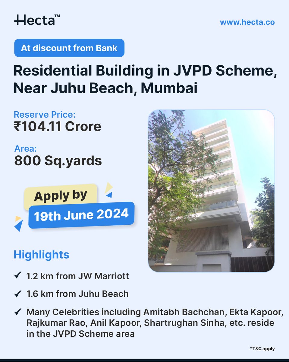 HectaProptech's tweet photo. Opportunity to own a piece of celebrity paradise!
Residential building in JVPD Scheme, near Juhu Beach, Mumbai, available at a bank-discounted price.
https://t.co/FeVyNUyhkS
Call or WhatsApp: +91-9899 360 360
#LuxuryLiving #JVPD #JuhuBeach #CelebrityNeighbors #BankAuction https://t.co/KZCLduyX7T
