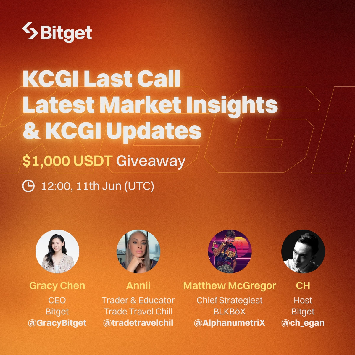 Bitget (@bitgetglobal) on Twitter photo Join our #KCGI2024 X Space on June 11! 🗣️
Hear the latest market insights from <a href="/GracyBitget/">Gracy Chen @Bitget</a>, <a href="/tradetravelchil/">Trade Travel Chill</a> & <a href="/AlphanumetriX/">AlphanumetriX</a>.
🎁 1,000 USDT (20 winners)
🔹Follow <a href="/bitgetglobal/">Bitget</a>, RT & tag your pals
🔹Join the space: x.com/i/spaces/1ypJd…
🔹Fill out: forms.gle/9gmXJVomBj6iC6… Join our #KCGI2024 X Space on June 11! 🗣️
Hear the latest market insights from <a href="/GracyBitget/">Gracy Chen @Bitget</a>, <a href="/tradetravelchil/">Trade Travel Chill</a> & <a href="/AlphanumetriX/">AlphanumetriX</a>.
🎁 1,000 USDT (20 winners)
🔹Follow <a href="/bitgetglobal/">Bitget</a>, RT & tag your pals
🔹Join the space: x.com/i/spaces/1ypJd…
🔹Fill out: forms.gle/9gmXJVomBj6iC6…
