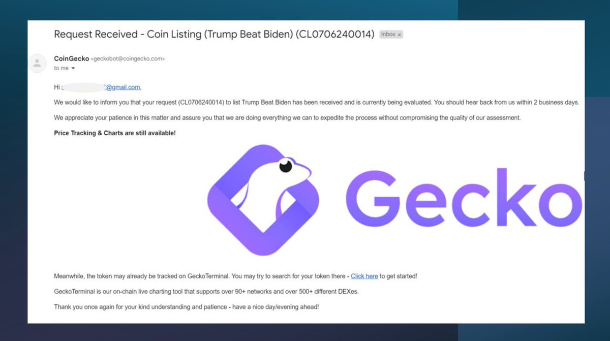TrumpBB2024's tweet photo. TRUMPBB has officially applied to CoinGecko (CG) with request number: CL0706240014. 

We are expected to be listed on CoinGecko within the next 12-48 hours! 🎉🎉 https://t.co/RvaRARVpnx
