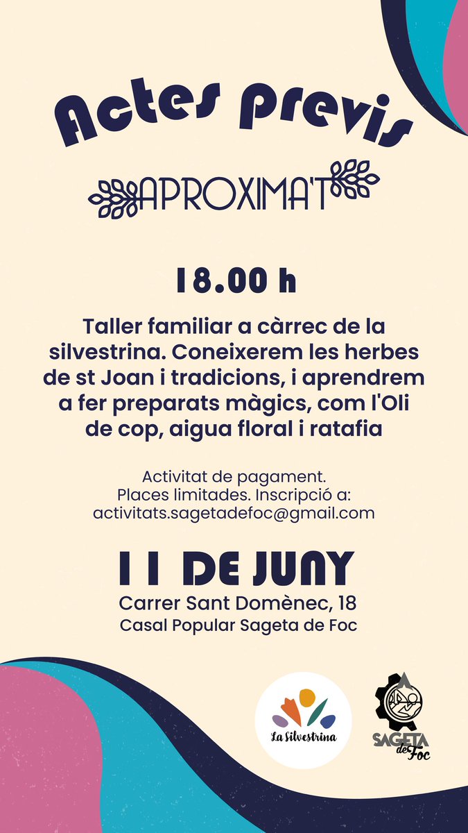 ACTE PREVI A LA FIRA!

Taller familiar a càrrec de La Silvestrina.
Coneixerem les herbes que es cullen al voltant de Sant Joan i les seves aplicacions.

📆 Dimarts 11 de juny
🕖 18h
📍 <a href="/la_Sageta/">Casal Popular Sageta de Foc</a>