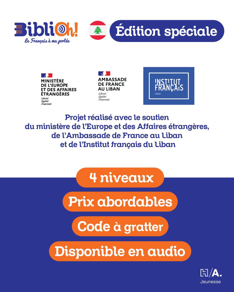 📖 Suite à la crise économique  2019 au Liban, un projet novateur Bibli-Oh! a pris forme pour répondre à l’envie des enfants de lire en langue française, en collaboration avec <a href="/AmbaFranceLiban/">La France au Liban 🇫🇷🇪🇺</a> et <a href="/InstitutFrLiban/">Institut français du Liban</a>
Nos 37 titres dispo en librairies!
Bonne lecture à toutes et tous!