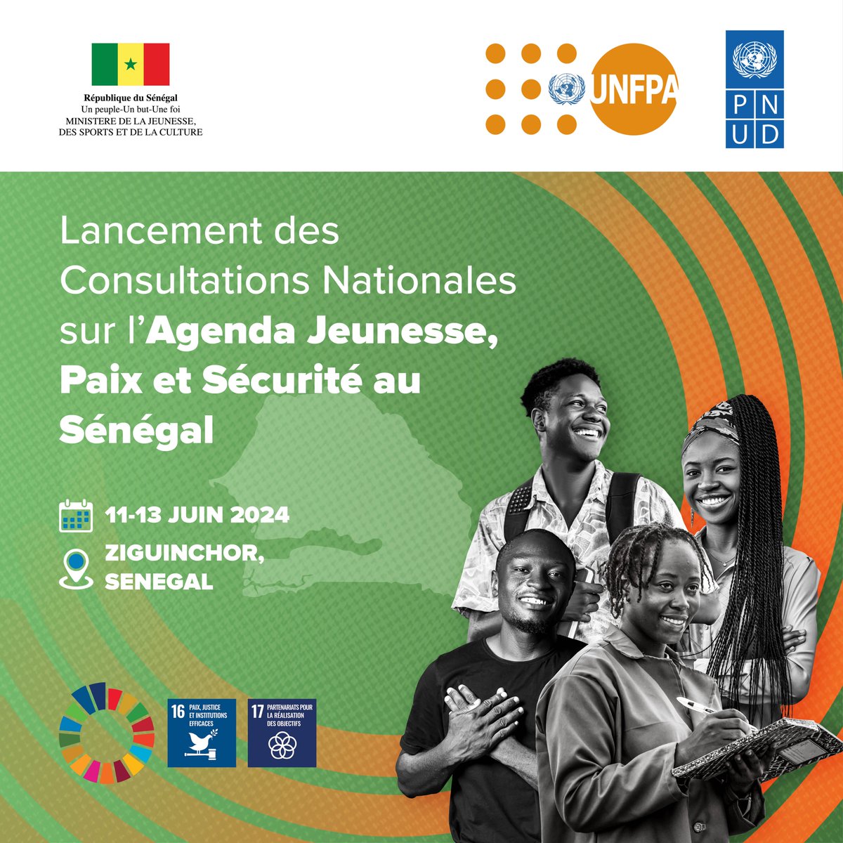 PNUDSenegal's tweet photo. 📣 Nous lançons les Consultations Nationales pour l'Agenda #Jeunesse, Paix et Sécurité au #Sénégal du 11 au 13 juin à Ziguinchor ! 🇸🇳
 
Cet événement rassemblera jeunes leaders, OSC et partenaires pour façonner notre approche de la paix et de la sécurité. Suivez-nous en direct ! https://t.co/zVyOSku3Gv