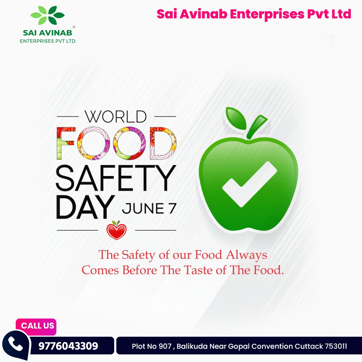 SaiAvinab_Ent's tweet photo. On World Food Safety Day, let's commit to safe food handling for a healthier future!
#SAEPL #FoodSafetyDay https://t.co/iz4piTCHyV