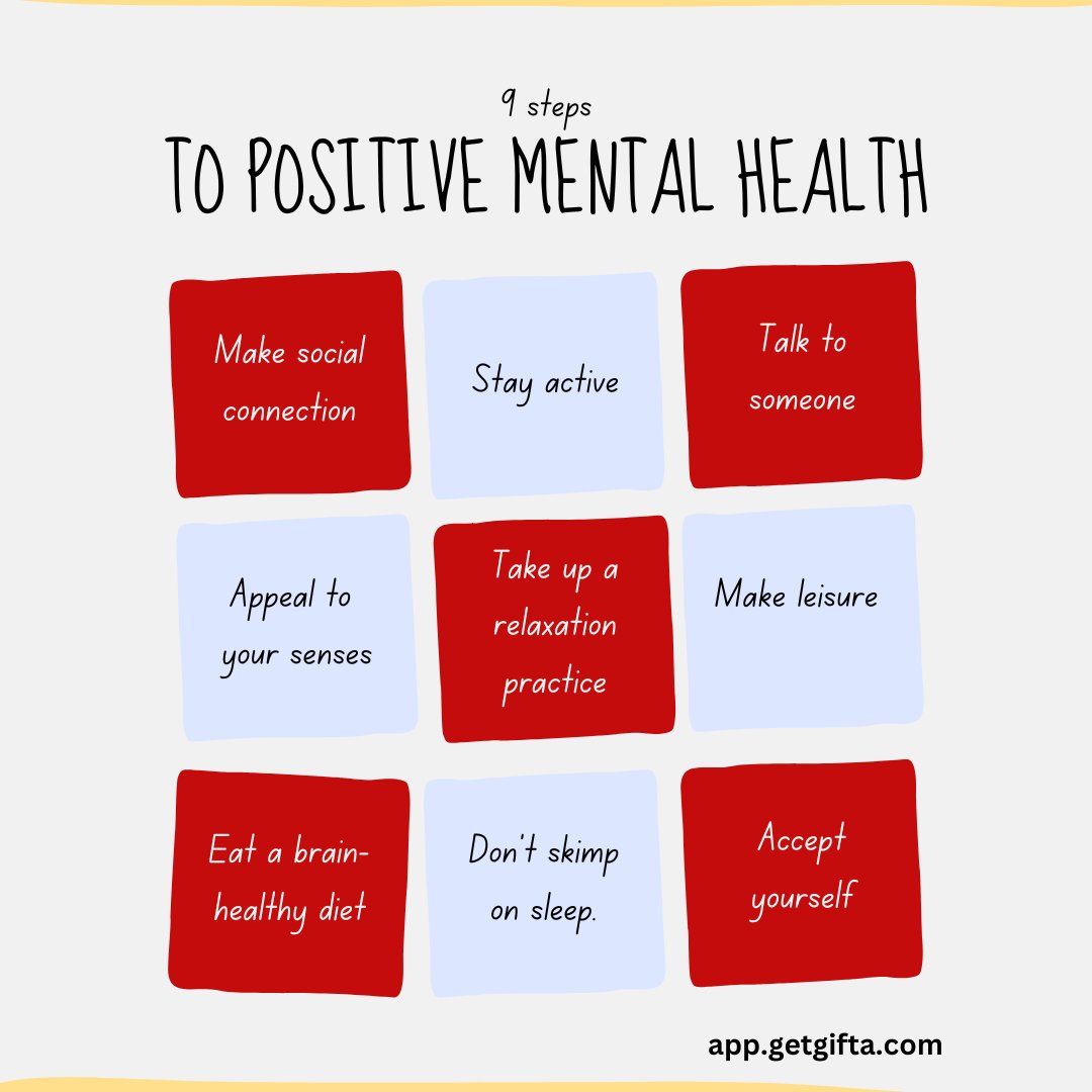 getgifta's tweet photo. Take care of your mental health this Month. With Gifta, you can show your loved ones you care by sending thoughtful gifts that promote positivity and well-being. Check out our 9 steps to a positive mental health #MensMentalHealthMonth #PositiveVibesOnly #Gifta" https://t.co/7qlrDi7m5W