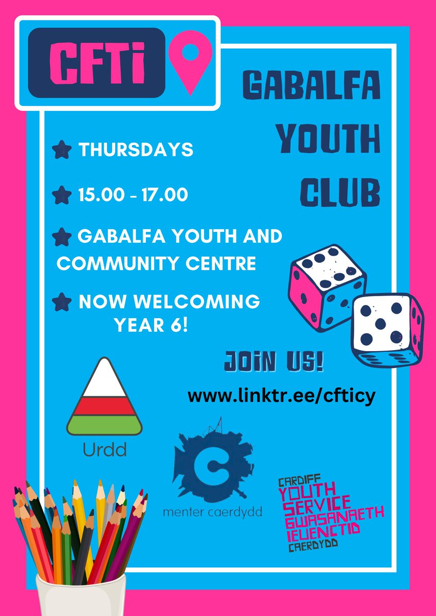 CFTiCY's tweet photo. Rydym nawr yn croesawu blwyddyn 6 i ymuno gyda ein clwb ieuenctid! | We're now welcoming year 6 to join our youth club!
📅Dyddiau Iau / Thursdays
🌎Canolfan Ieuenctid Gabalfa /Gabalfa Youth and Community Centre

🎳Coginio, crefft, gemau a mwy!
🎨Cooking, crafts, games and more! https://t.co/K1pAnDZ3BU