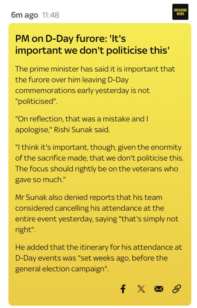 BethRigby's tweet photo. PM speaking about leaving D-Day early.
Says “itinerary was set weeks ago before the GE campaign” and apologises again > Q as to why it was always scheduled for PM to leave the event early, regardless of the general election. https://t.co/2sH3DgIqYl