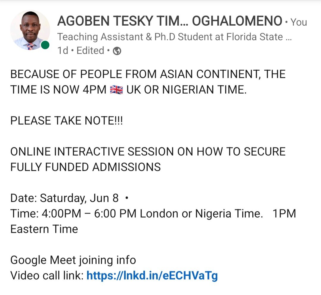 KINDLY JOIN THE CONVERSATION IF YOU ARE INTERESTED.
Link to the meeting is on my LinkedIn page. See you all tomorrow.