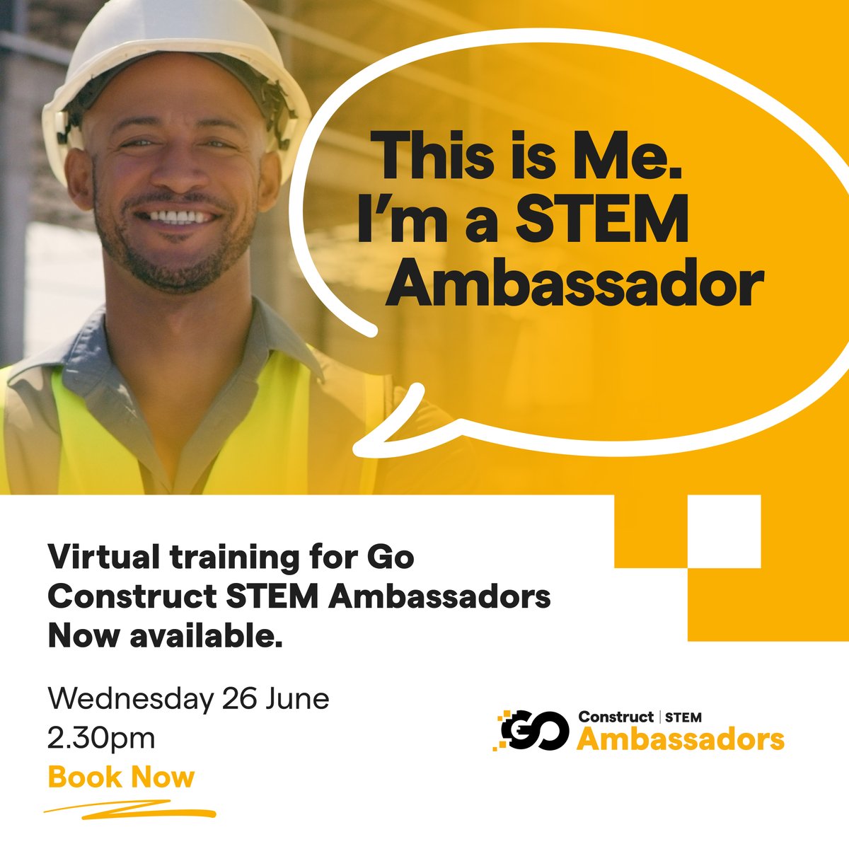 GoConstructUK's tweet photo. The latest Go Construct #STEM Ambassador virtual training event is now available to book! 
This one-hour CPD event is designed to give existing ambassadors the confidence to start inspiring the next generation of #construction professionals.
Book now: https://t.co/ZLEYLrHYyp https://t.co/f6tLLmb9DE
