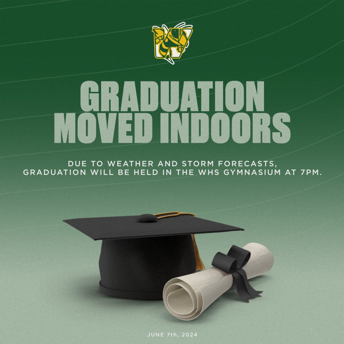 Graduation Moved Indoors: Due to weather and storm forecasts, tonight's graduation will be moved indoors. It will be held in the WHS Gymnasium at 7:00pm. wsesu.co/T7z1dY #WSESUnews