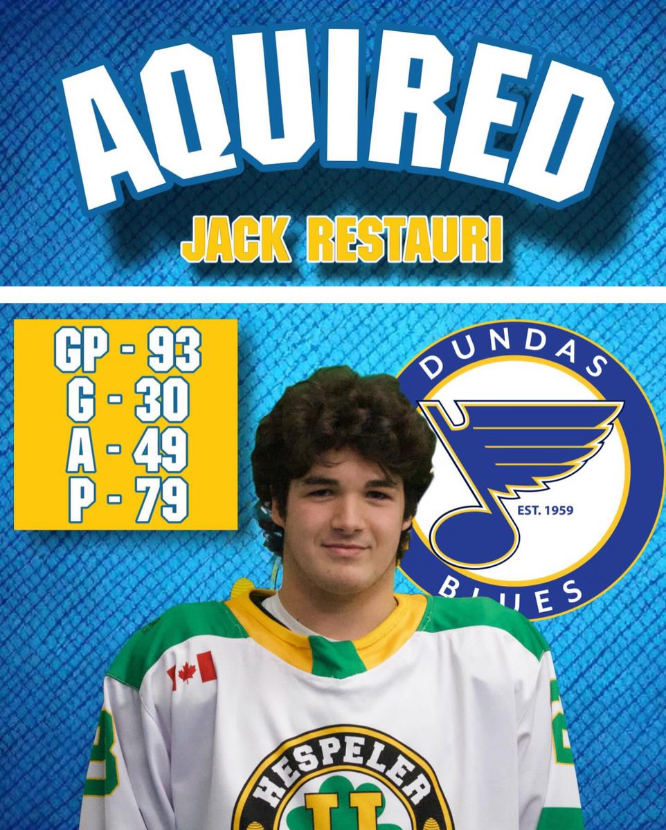 DundasBlues's tweet photo. The Dundas Blues have acquired Jack Restauri from the Hespler Shamrocks ☘️. With Jack having roots in Dundas we are really excited to have another experienced local talent joining us for the 2024 season. #whynotus #dundasblues https://t.co/ApgHtnaZLo