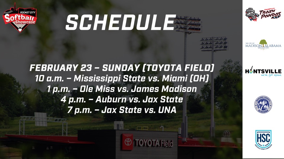 In addition to the four SEC programs, we'll also have <a href="/JaxStateSB/">Jax State Softball</a>, <a href="/JMUSoftball/">JMU Softball</a>, <a href="/LATechSB/">LA Tech Softball</a>, <a href="/UNASoftball/">North Alabama Softball</a>, <a href="/MiamiOH_SB/">Miami Softball</a>, <a href="/UAH_SB/">UAH Softball</a>, <a href="/_AAMUAthletics/">Alabama A&M Athletics</a>, <a href="/ETSUSoftball/">ETSU Softball</a>, and <a href="/UNGSoftball/">UNG Softball</a>! 

Tickets go on sale to the general public on June 13th!

FULL SCHEDULE 👇