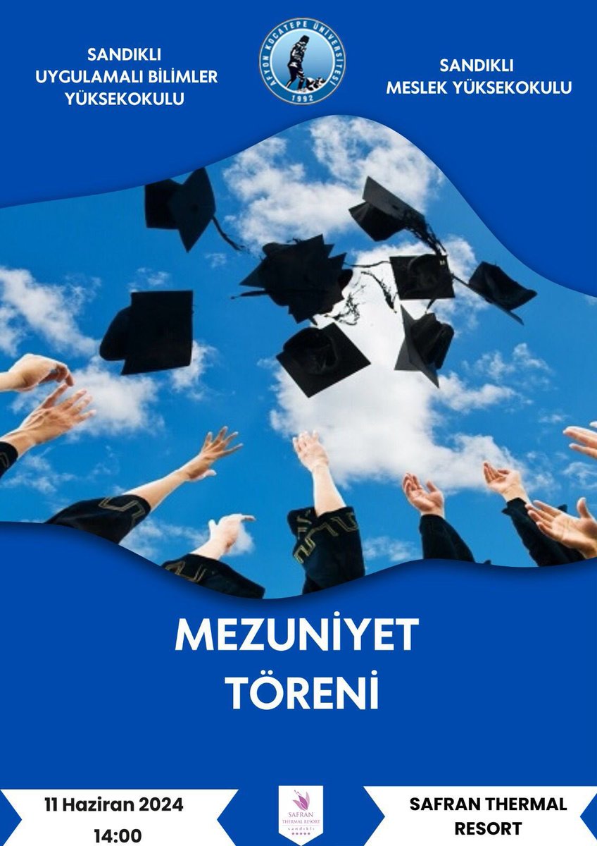 SandikliUBYO's tweet photo. 🎓Sandıklı Uygulamalı Bilimler Yüksekokulu Mezuniyet Töreni
📍Safran Thermal Resort
🕑 11 Haziran 2024 14.00
@kocatepeuniv 
@Karakas1969 
@CneytAkn5 https://t.co/rCxeDKEVoB