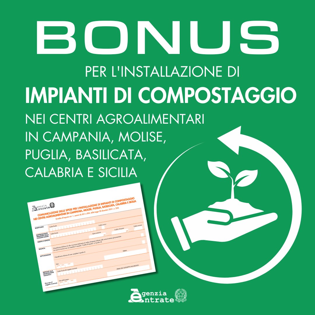 Agenzia_Entrate's tweet photo. #Bonus impianti di #compostaggio per centri #agroalimentari Il provvedimento di oggi fissa al 100% la #percentuale del #credito d’imposta fruibile dai beneficiari per le spese sostenute nel 2023. 
Approfondisci 👉🏽 https://t.co/oWud8jcEQ1 https://t.co/N9C5fgA4n0