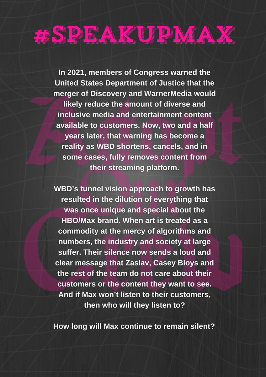 adoptourcrew's tweet photo. WBD’s approach to growth and prioritization of profits has led to the dilution of everything that made HBO/Max special. Art should not be at the mercy of algorithms. If WBD won't listen to their customers, who will they listen to? #SpeakUpMax #DontStreamOnMax https://t.co/XJYPhB1cnK