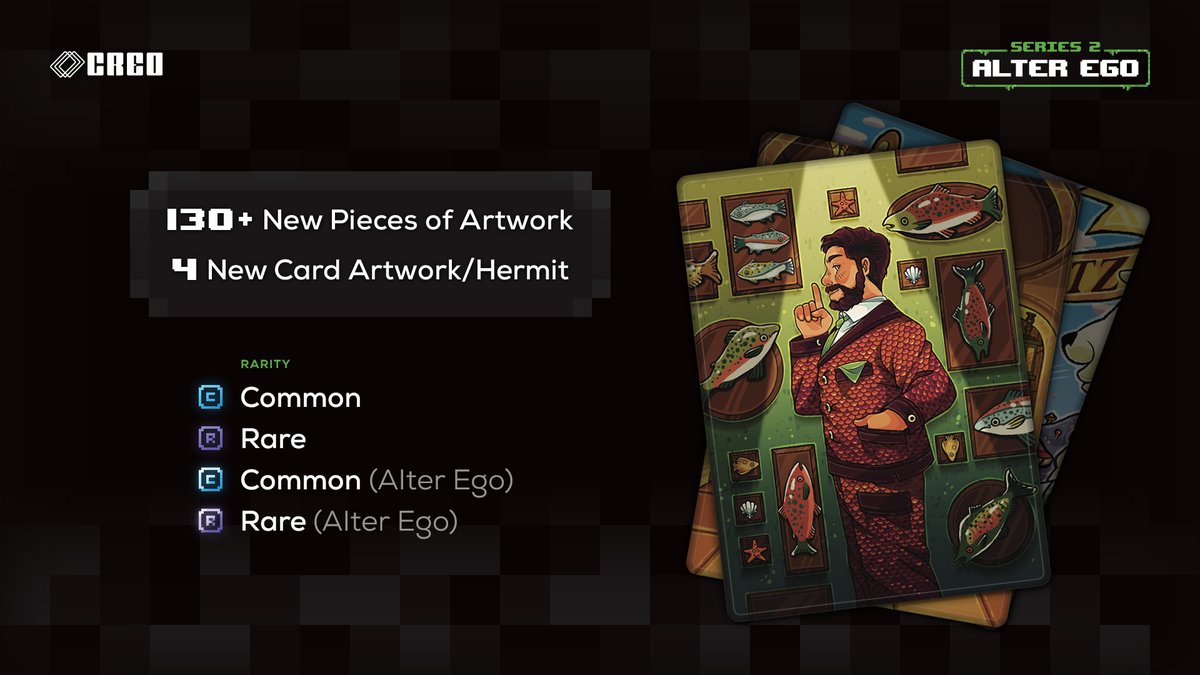 VintageBeefLP's tweet image. We worked with 30+ artists to create 130+ new pieces of artwork, and a total of 290+ cards to collect!

Each Hermit has FOUR new cards:

- Common
- Rare
- Common - Alter Ego
- Rare - Alter Ego

And an additional 20 new Effect Cards as well!