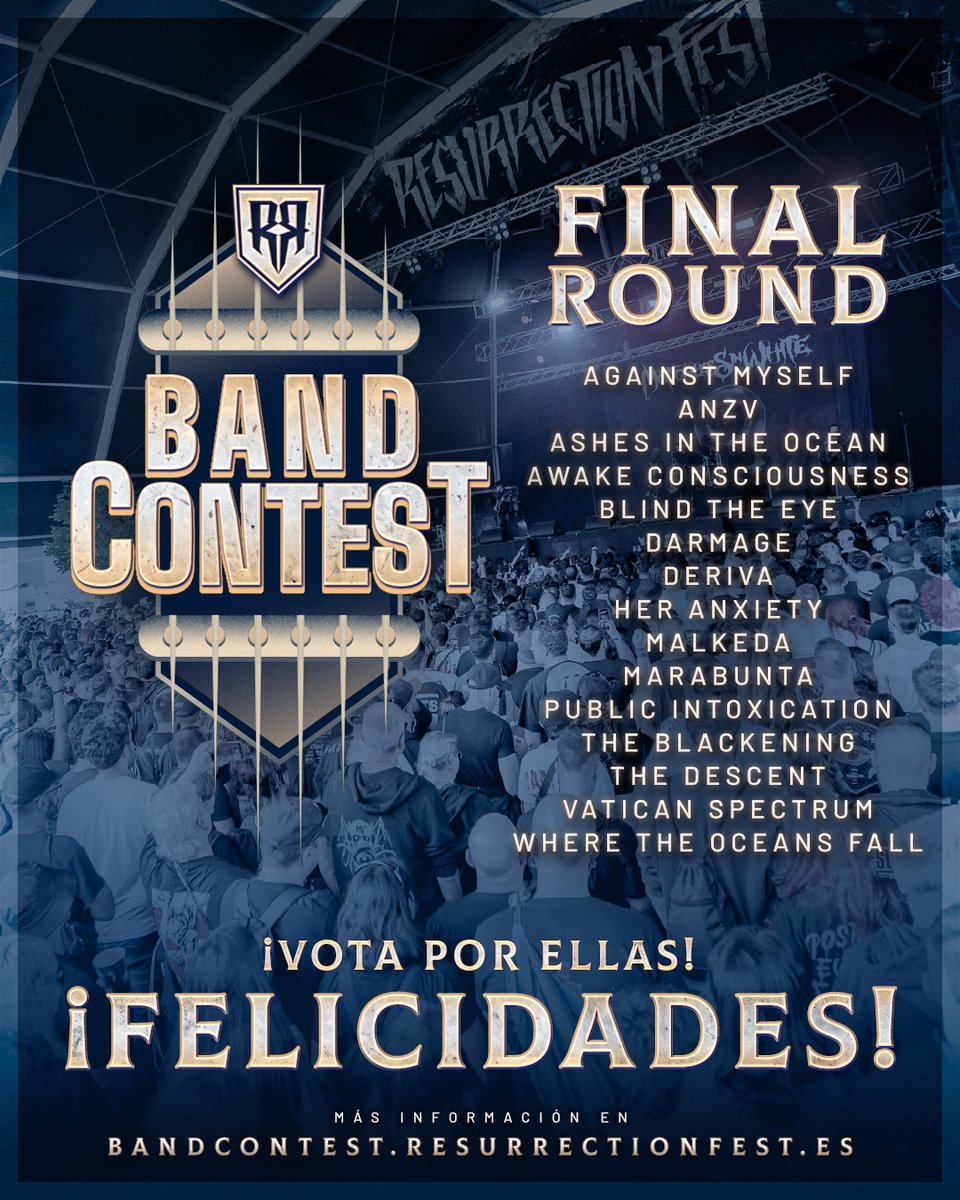 Darmage finalistas del band contest de @resurrectionfest 

4 bandas podrán tocar en el Desert Stage del festi por votación popular.

Si nos quieres votar, puedes hacerlo en resurrectionfest.es/info/bandconte…
¡Enhorabuena a todas las bandas finalistas!