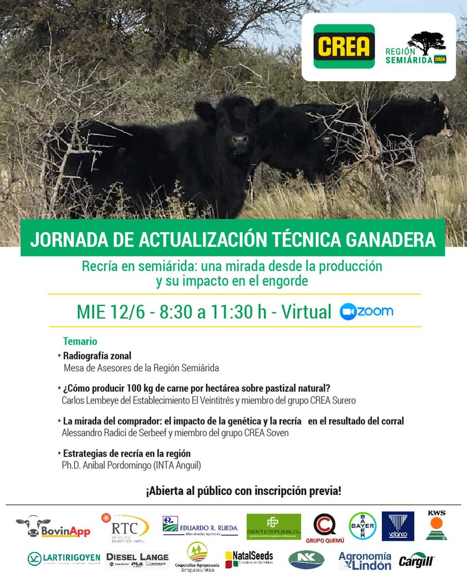 Jornada ganadera: recría en la Región Semiárida 🐂

✅ Radiografía zonal
✅ Cómo producir 100 kg de carne por hectárea sobre pastizal natural 
✅ Estrategias de recría 

📅 12/6
🕗 8 30 h
💻 Virtual 📱

Reservá tu lugar aquí  👉🏻 tinyurl.com/JATGDSAR