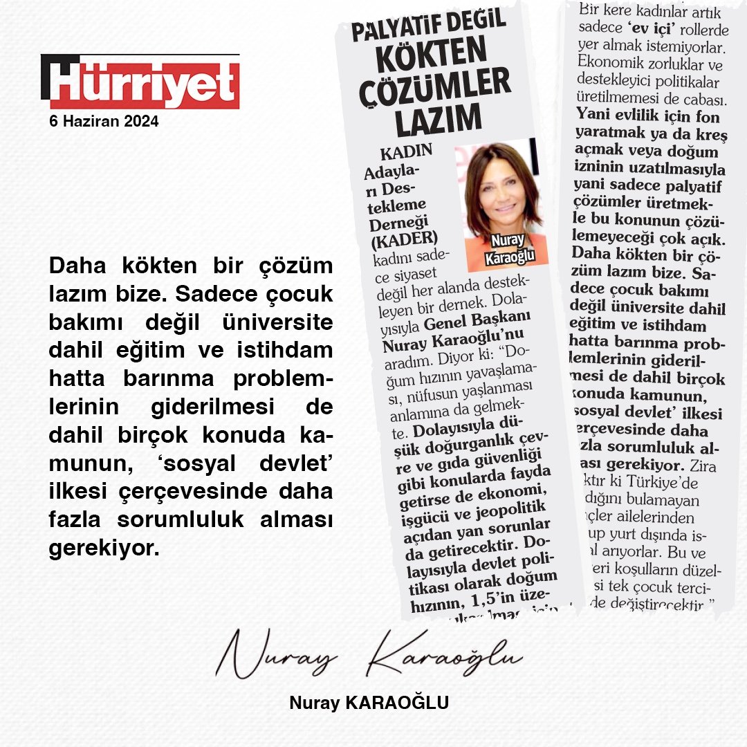 KaraogluNuray's tweet photo. Hürriyet Gazetesi'nin Türkiye'de doğum oranının azalmasının sebeplerine ve çözümü için  üretilmesi gereken ekonomik, politik ve  sosyolojik çözümlere dair sorularını cevapladım. 

Röportajın tamamı 6 Haziran 2024 baskısında yayında. Keyifli okumalar. https://t.co/iBg038410w