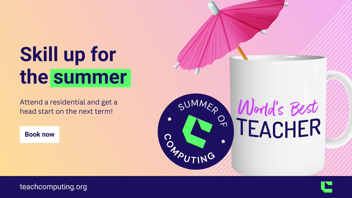 WeAreComputing's tweet image. Sit back, relax and kick off your #SummerofComputing by booking on to a CPD vacation at the Home of Computing! ๐ก ๐ป 
๐ซ learn in a classroom environment
๐ฅช food and accommodation provided
๐ increase your professional development
๐ ncce.io/57xdkb