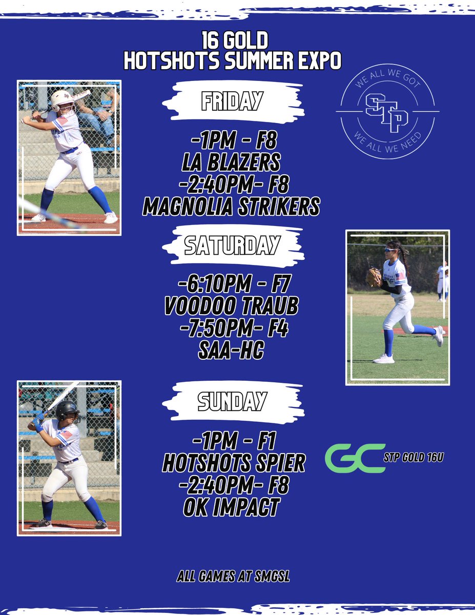 Getting after it this weekend at the Hotshots Exposure! 
STP 18 Gold &amp; 16 Gold 
We are at the SMGSL fields! 
#WeAllWeGot #WeAllWeNeed | #AllTheSmokeAllTheTime
